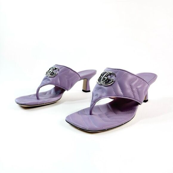 GUCCI Marmont Purple Sandals Size 38 Kitten Heel Matelasse Quilted Leather - Picture 1 of 13